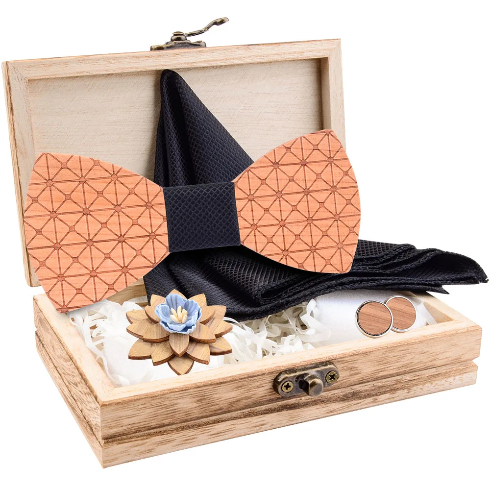 Клетчатый резной деревянный галстук-бабочка Красный Черный твердый носовой