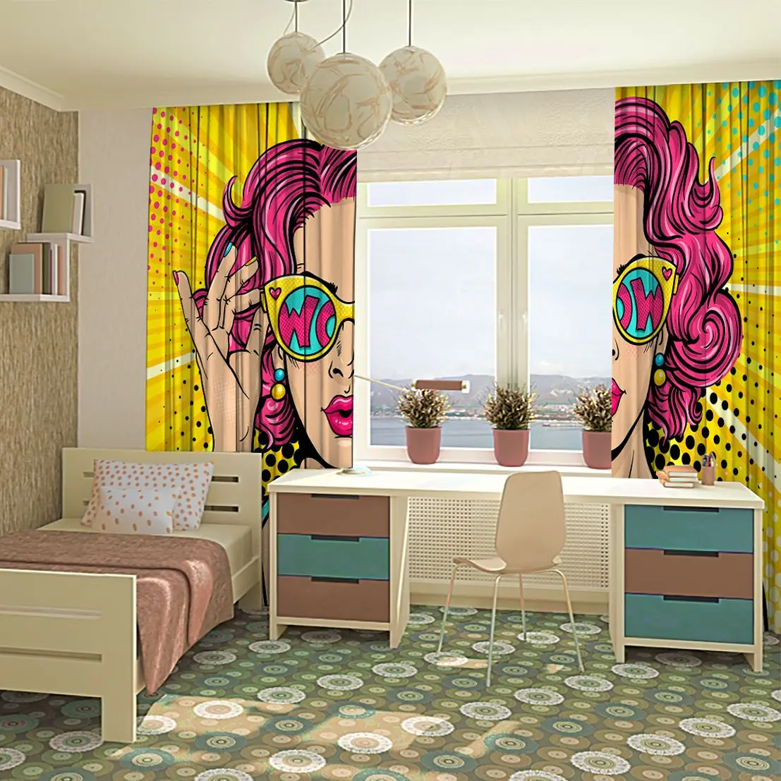 Занавес удивленная женщина с кудрявыми волосами и открытым ртом держит