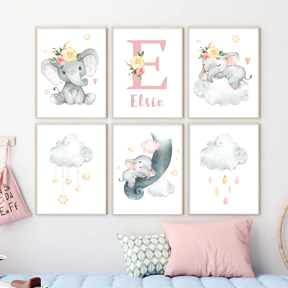 

Custom Baby Name Elephant Clouds Floral Watercolour Poster Canvas Painting Nursery Wall Art Print Picture Kids Room Home Decor