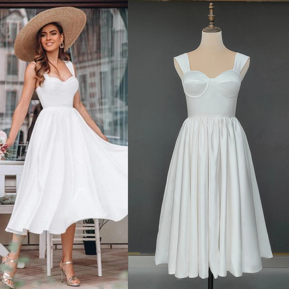 Простое атласное свадебное платье длиной ниже колена недорогие свадебные платья