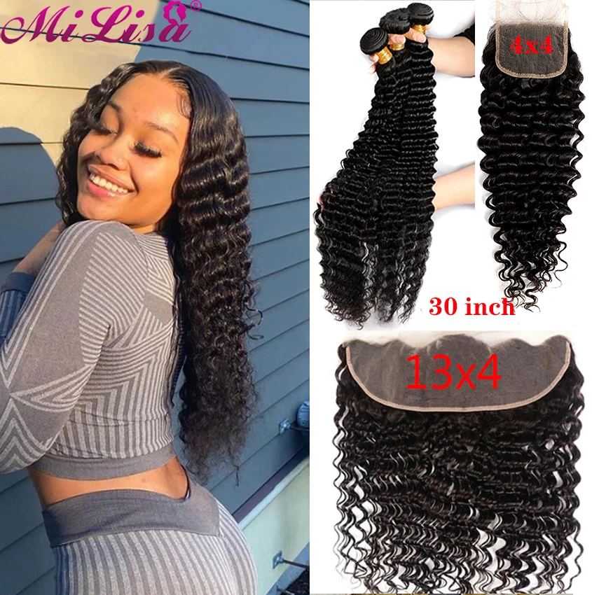 Пряди глубоких волн MI LISA с застежкой бразильские пряди человеческих волос Remy 13x4