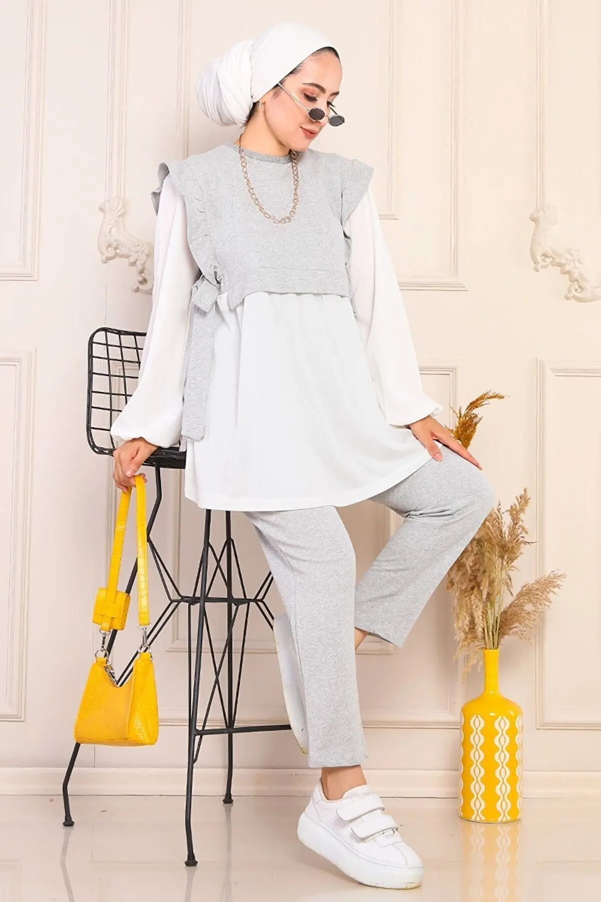 

Side Martingale Frilly Double Hijab Suit Gray Muslim Fashion Pants Shirt Top Sweatproof Breathable Fabric Women's Clothing