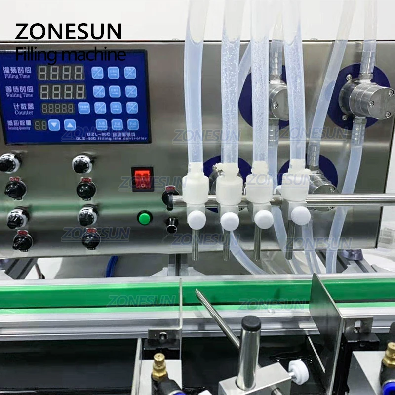 ZONESUN 4 насадки Магнитный насос из нержавеющей стали автоматический, настольный ЧПУ жидкий наполнитель бутылок с конвейером 110 V-220 V для разливочная машина для парфюмерии