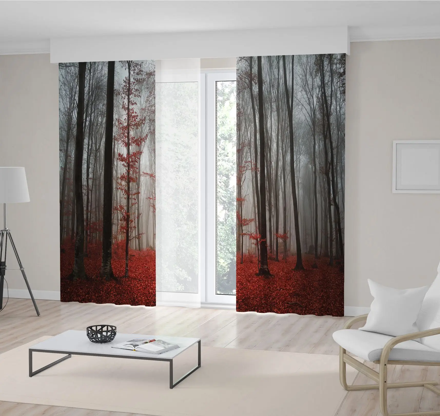 

Curtain Mystic Forest Trees Red Leaves Foggy Morning View Autumn Nature Grey in Decorating Art