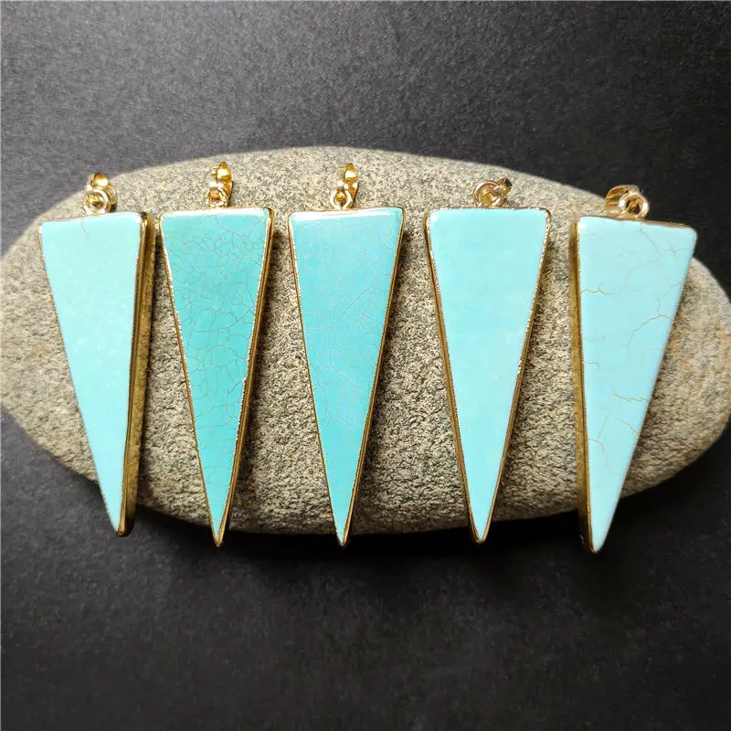 

FUWO Wholesale Turquoise Pendants With 18K Gold Plated High Quality Long Triangle Charms Stone For DIY Jewelry Making PD011