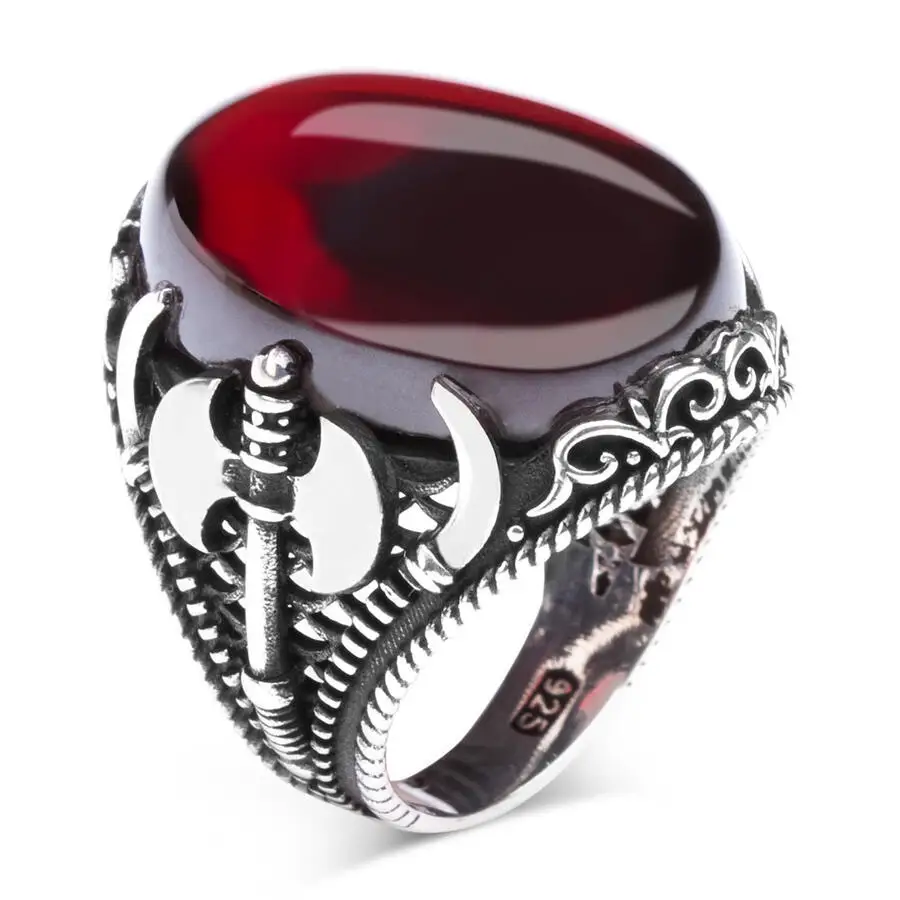 

Men Silver Ring With Oval Burgundy Zircon Stone and Ax Motif Made In Turkey Solid 925 Sterling Silver