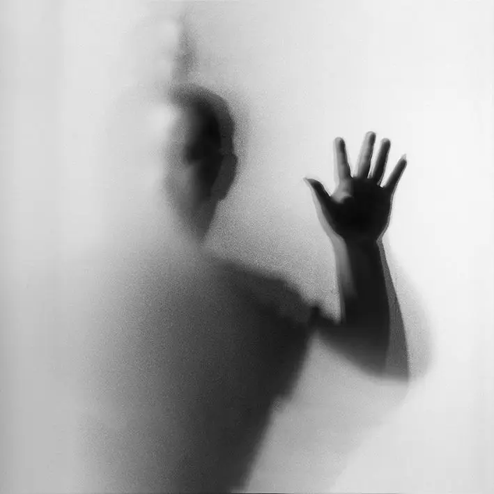 

Curtain Dangerous Man Behind the Frosted Glass Halloween Danger Theme Photo Printed Black White
