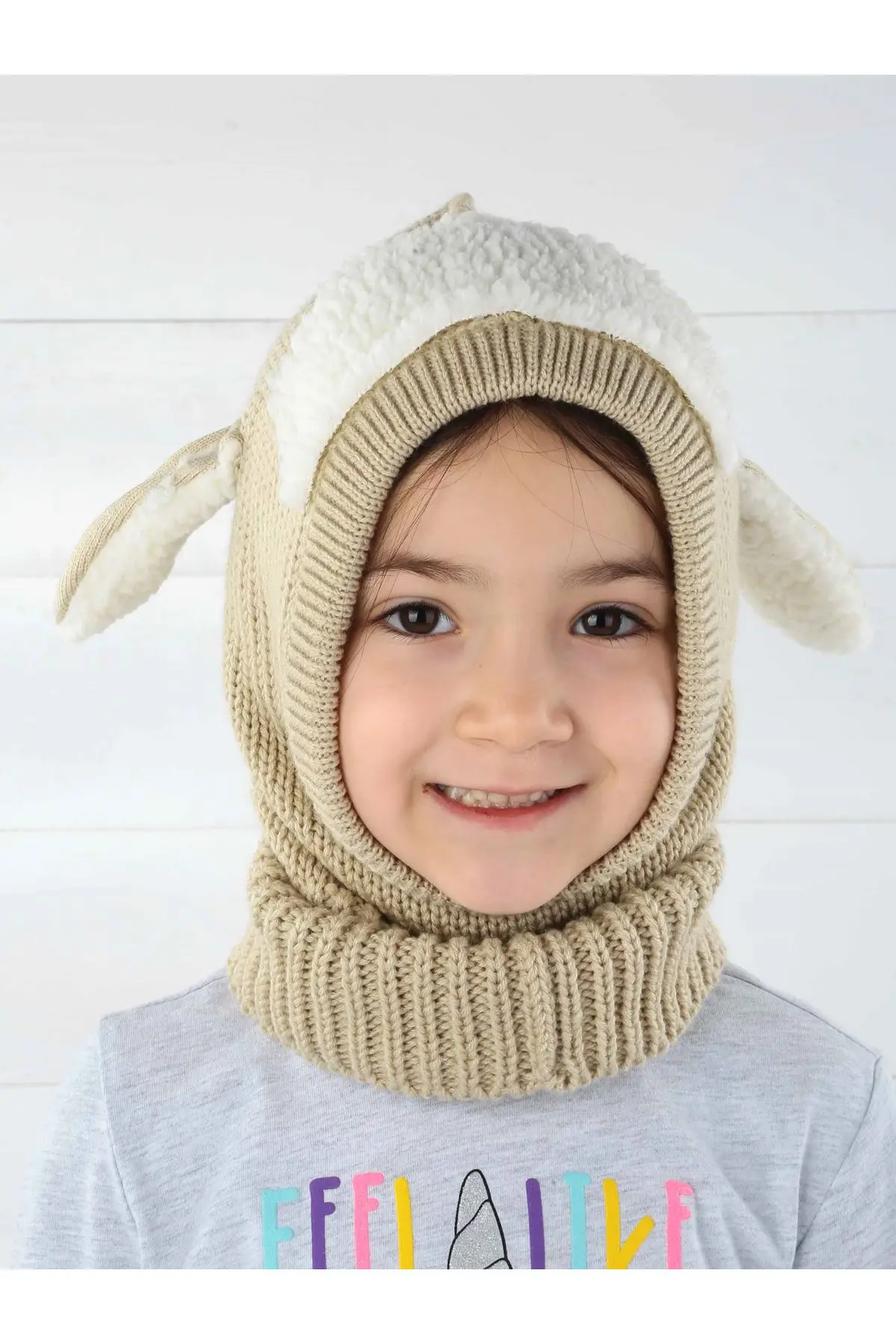 Açıkkahverengi girl boy scarf beret with lamb ears 1-7 old compatible cute pattern |