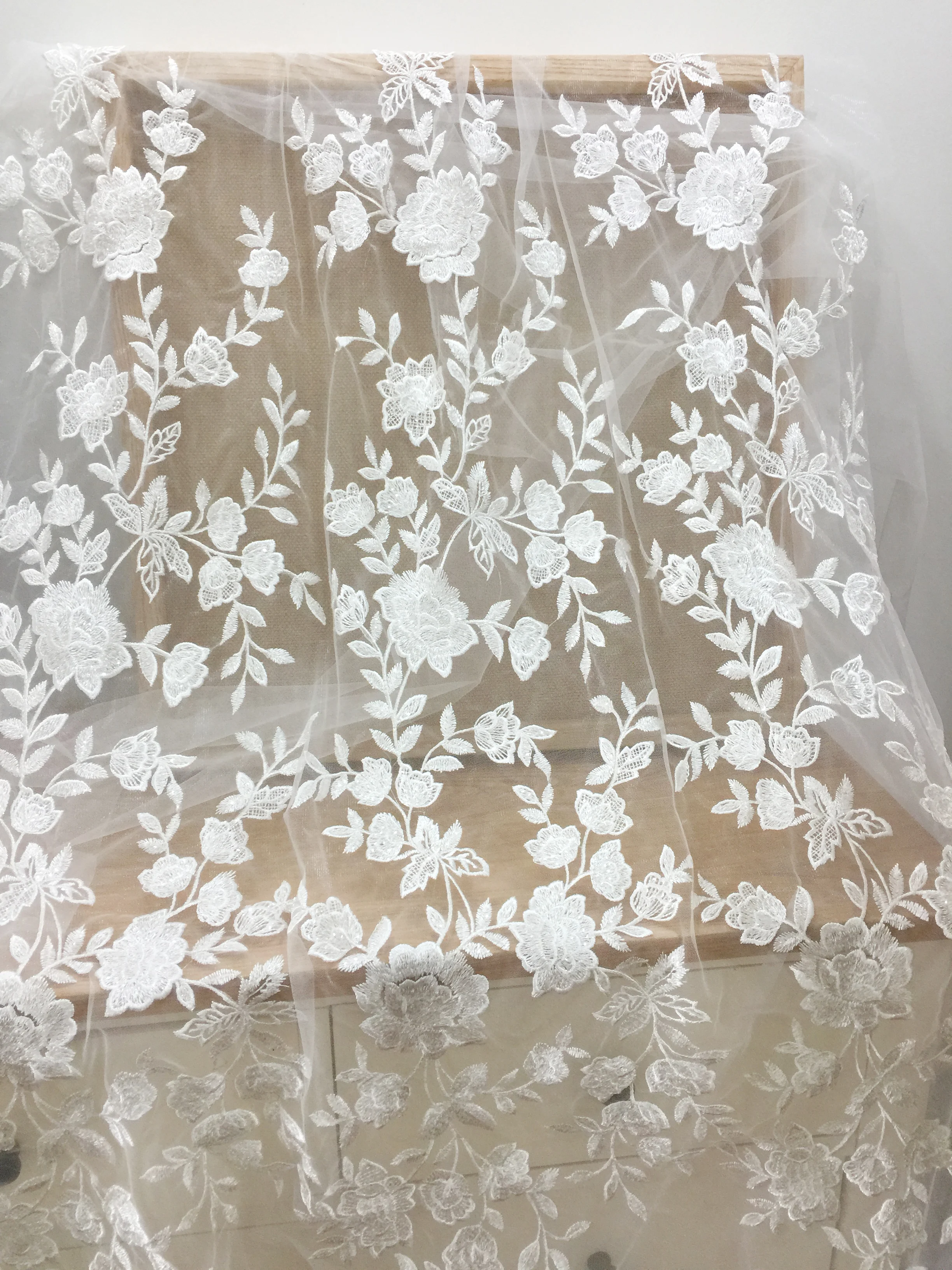 1 Yard Off white clear sequin floral tulle embroidery lace fabric by yard, bridal gown wedding dress couture lace images - 6