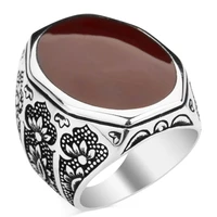 claret red agate stone silver ring handcarved turkish jewelery vintage ottoman motif oval men ring