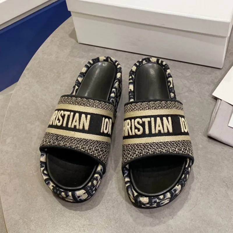 

Electric Embroidered Cloth Face Open Toe Thick Bottom Muffin Old Flower Embroidered Slippers Luxury Designer Women's Shoes