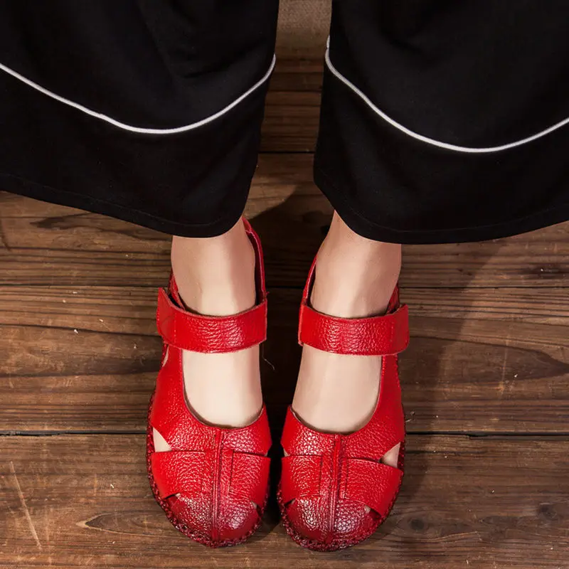Big Size 35-42 Vintage Genuine Leather Shoes Women's Loafers Retro Mary Jane Shoes Ladies Red Moccasins Flats Shoe Trendy Sandal