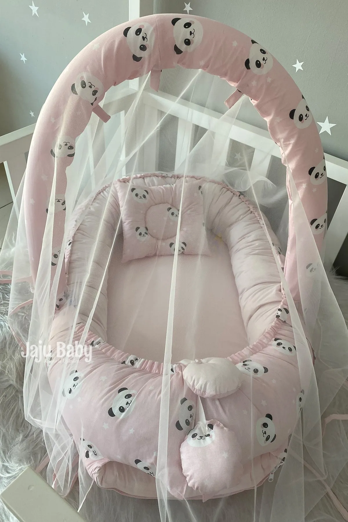 Jaju Baby Handmade Pink Panda Pattern with Mosquito Net and Toy Apparatus Luxury Design Babynest Mother Side Portable Babt Bed