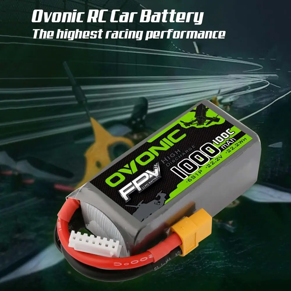 OVONIC-LiPo XT60 Bater&iacute;a para Dron de Carreras, Pila de 2,2 V, 100 C, 1000 mAh, 6S, con Enchufe para FPV, para Coches Teledirigidos y Cuadric&oacute;pteros Disponible en 1 Uds. y 4 Uds.-1