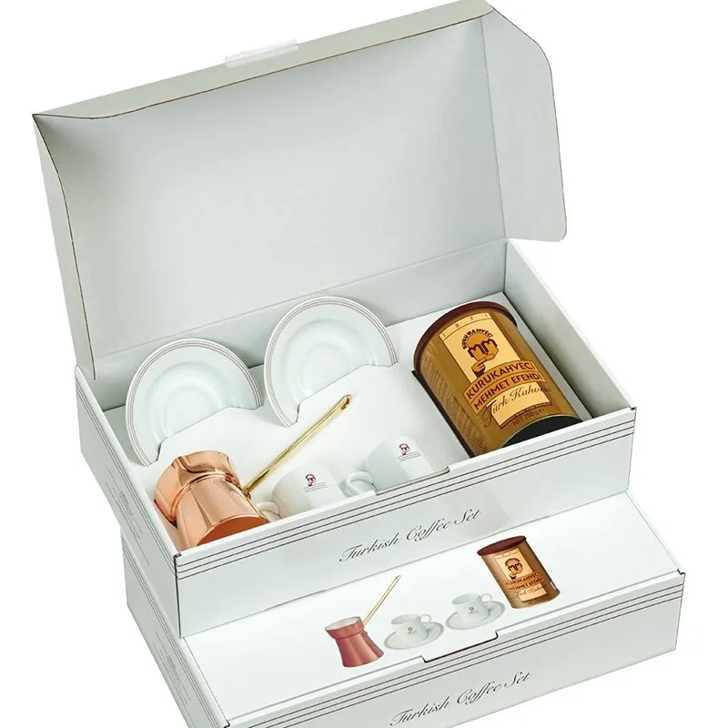Турецкий кофейный набор на 2 человека белых чашки медный горшок с 250 г подарок для