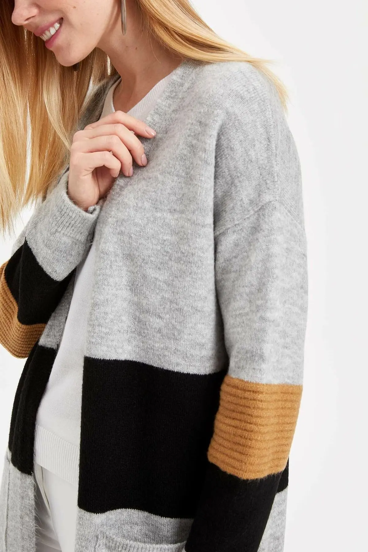 DeFacto Женский Повседневный длинный кардиган вязаный полосатый желтый розовый