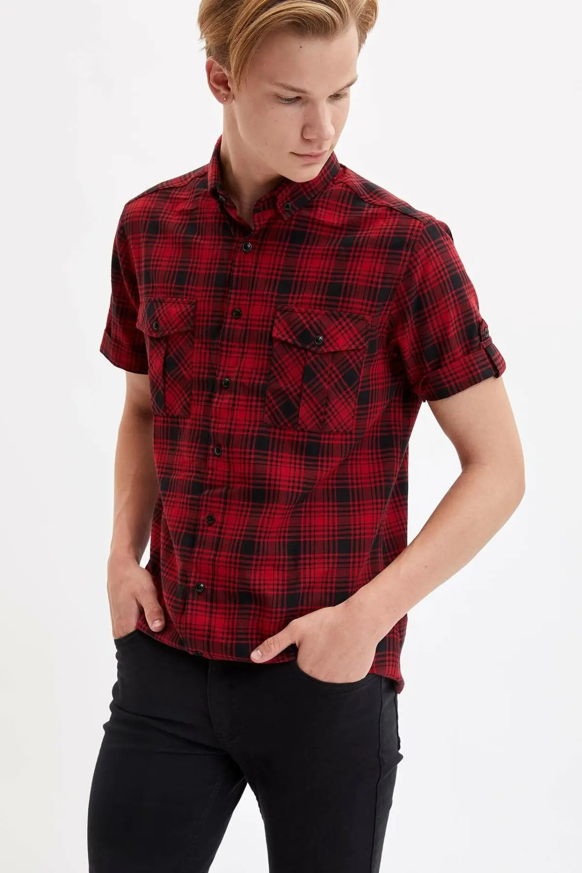 DeFacto мужские повседневные клетчатые рубашки с отложным воротником коротким