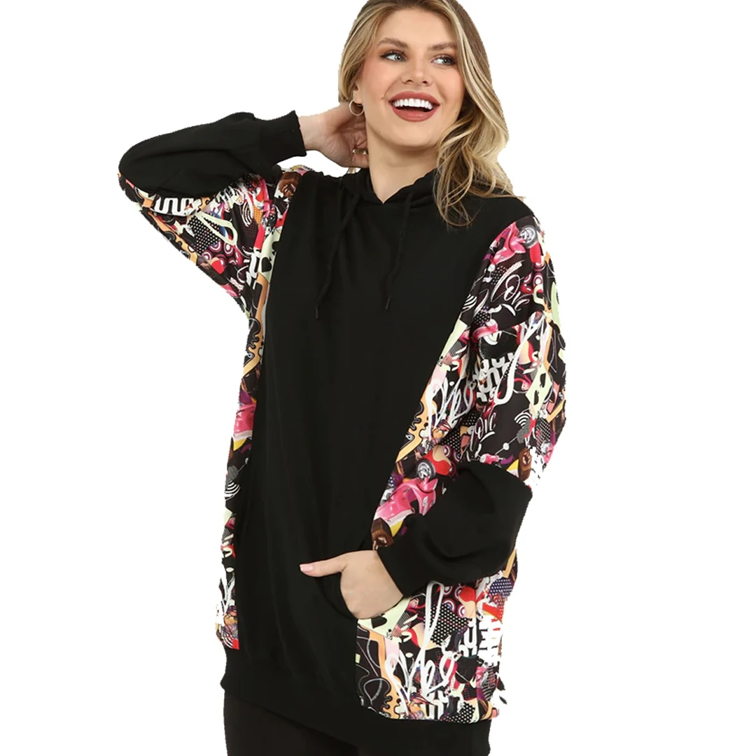 Women’s Plus Size Multicolor Print Sleeve Black Hoodie, Designed and Made in Turkey, New Arrival