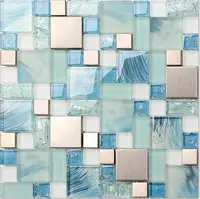 11 PCS Frosted Blue Glass Mosaic Wall Tile SSMT306 Silver Stainless Steel Aluminum Metal Bathroom Glass Tiles