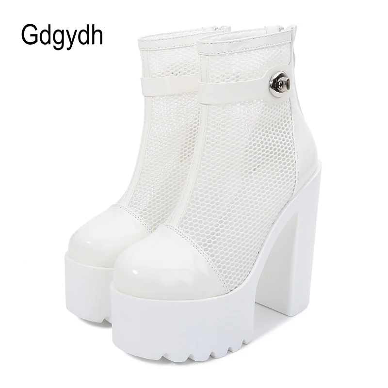 Gdgydh Summer Platform Shoes Fashion Buckle Thick Bottom Female Ankle Boots Square High Heels Mesh Fashion Street Footwear Lady