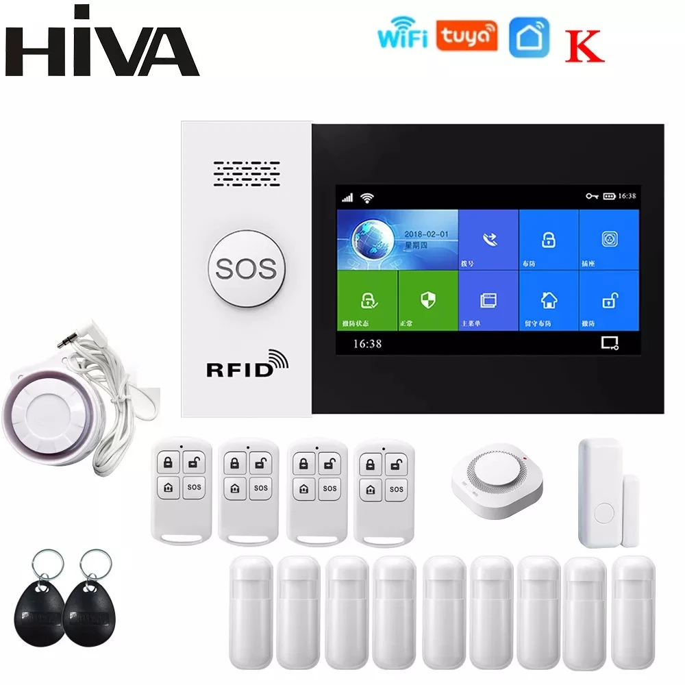 HIVA Alarm Systems Security Home Wifi Gsm with Pir Motion Sensor Tuya Smart Life Alarm work with Alexa