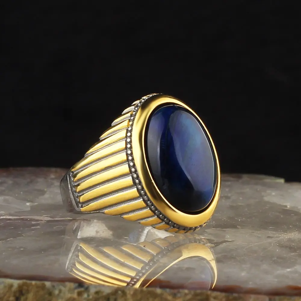 

Sterling Silver Mens Showy Ring with Big Oval Gemstone Turquoise Agate Onyx Topaz Tiger Eye Zircon Stone Ring Rings for Men