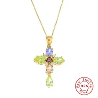 aide 925 sterling silver cross necklace women fashion cross colorful zircon stone pendant necklace christmas gift bijoux femme
