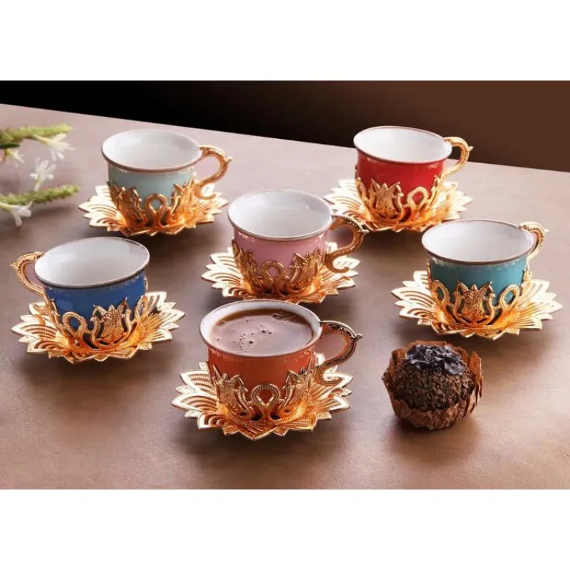 

WONDERFUL MAGNIFICENT COLORFUL TULIP DESIGN GOLD COLOR CUPS FOR SIX