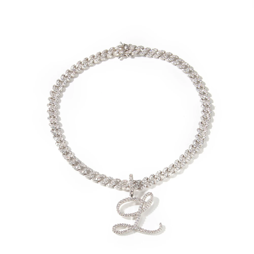 THE BLING KING Cursive Letters With 9mm Iced Out Cuban Chain Brush Cubic Zirconia Intial Name Necklace Charm Hiphop Jewelry | Украшения и