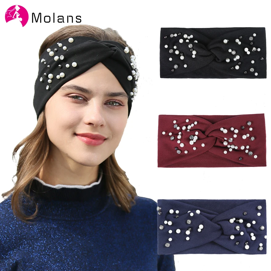 Molans вязаные повязки на голову с искусственным жемчугом, ручная работа, жемчужный тюрбан, повязка на голову с узлом, Однотонные эластичные повязки на голову, аксессуары для волос для девочек