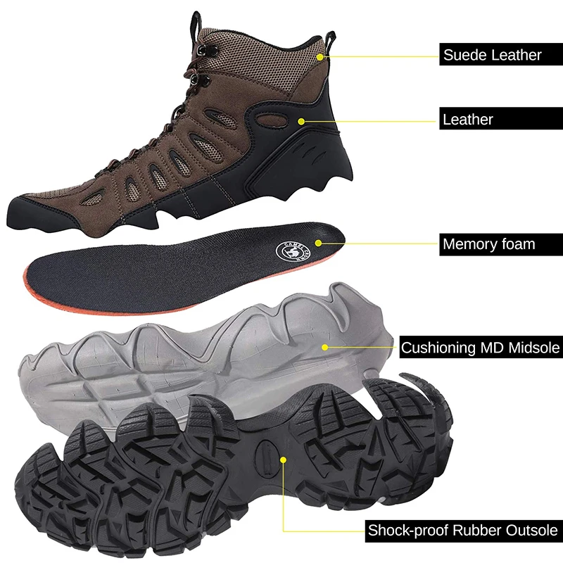 Goldencamel Men's Mid Hiking Shoes Non-Slip Large Size Work Boots Breathable for Outdoor Trekking Walking Trail Backpacking