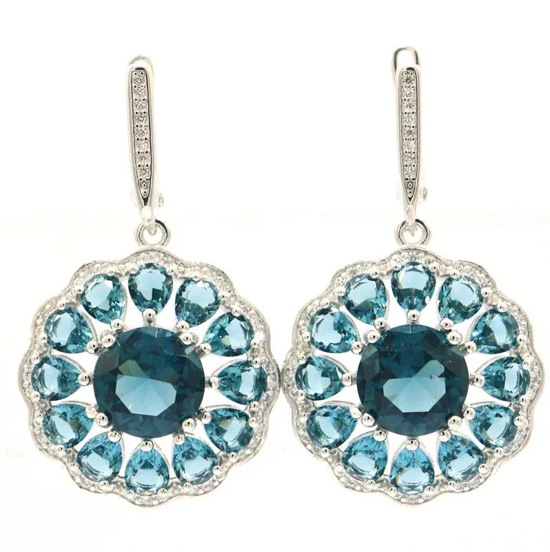 40x28 мм романтические круглые серьги из серебра с ярким голубым топазом циркония