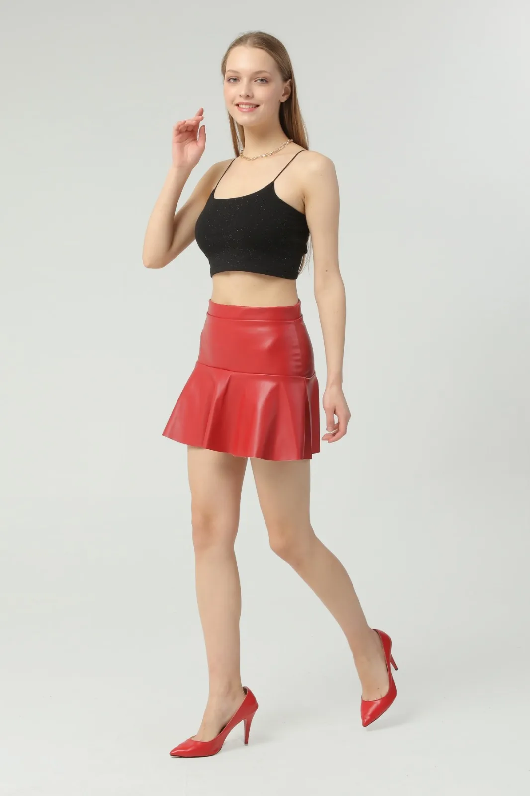 

Women Streetwear Faux Leather Pleated Mini Skirts High Waist Zipper Closure Party Club Wear Turkish Quality
