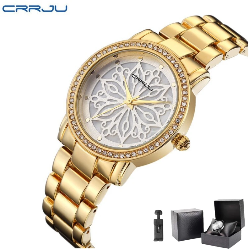 

CRRJU 2109 Luxury Brand Fashion Steel Wrist Woman Watch Ladies Gold Diamond Dress Clock female relojes mujer Wristwatches