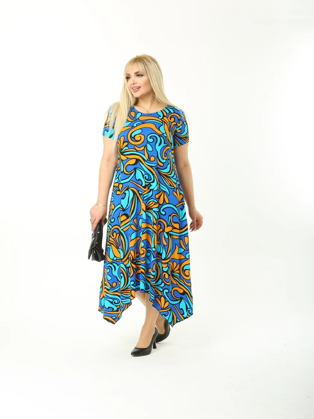 

Женская одежда больших размеров, 2022, лето, повседневное, асимметричное платье, синий узор джунглей, длина по щиколотку, лайкра, трикотажная в...
