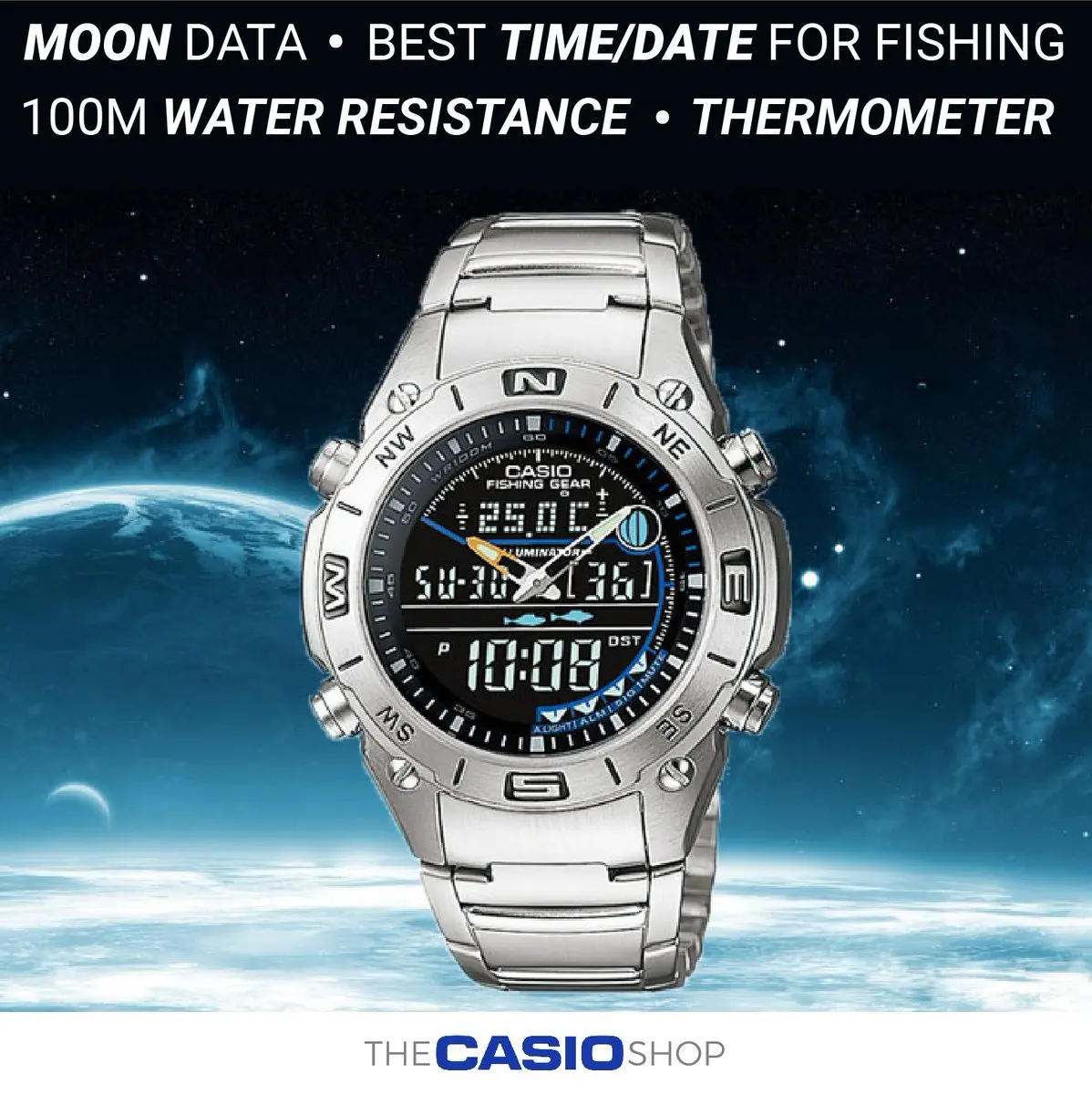 Оптическими зумом Casio цифровые и аналоговые часы для рыбалки AMW 703D 1AV лунных фаз