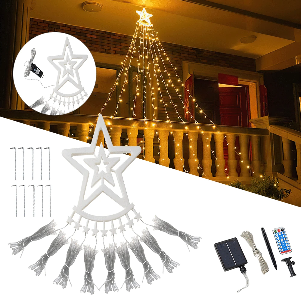 

Festoon LED Light Christmas Decorations 2022 New Year Solar Powered Waterfall Star Lights Christmas Tree Fairy String Lights