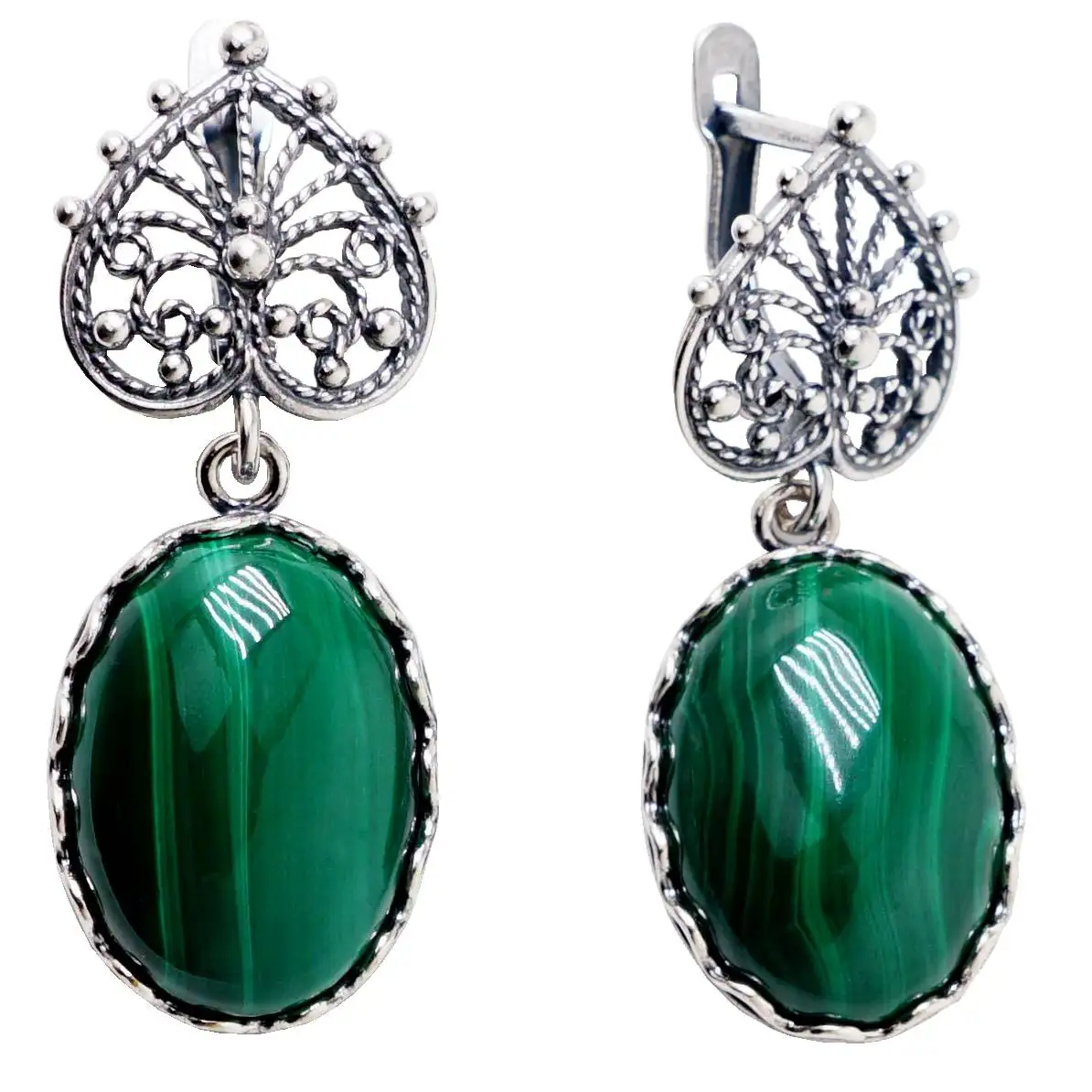 Серьги Малахит натуральный Посеребрение скань зернь филигрань серёжки комплект