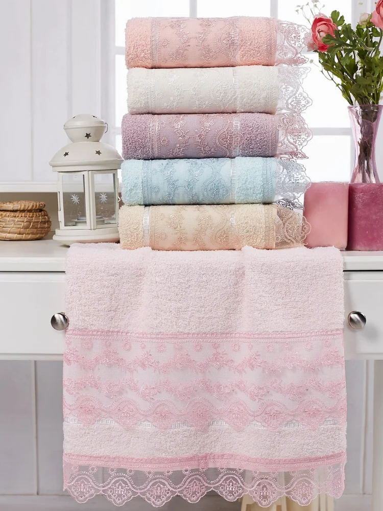 

6 Pcs 50x90cm %100 Cotton Face Towel, Plain Dyed, With Lace, Solid Woven Unisex Super Absorbent Soft Home Textile