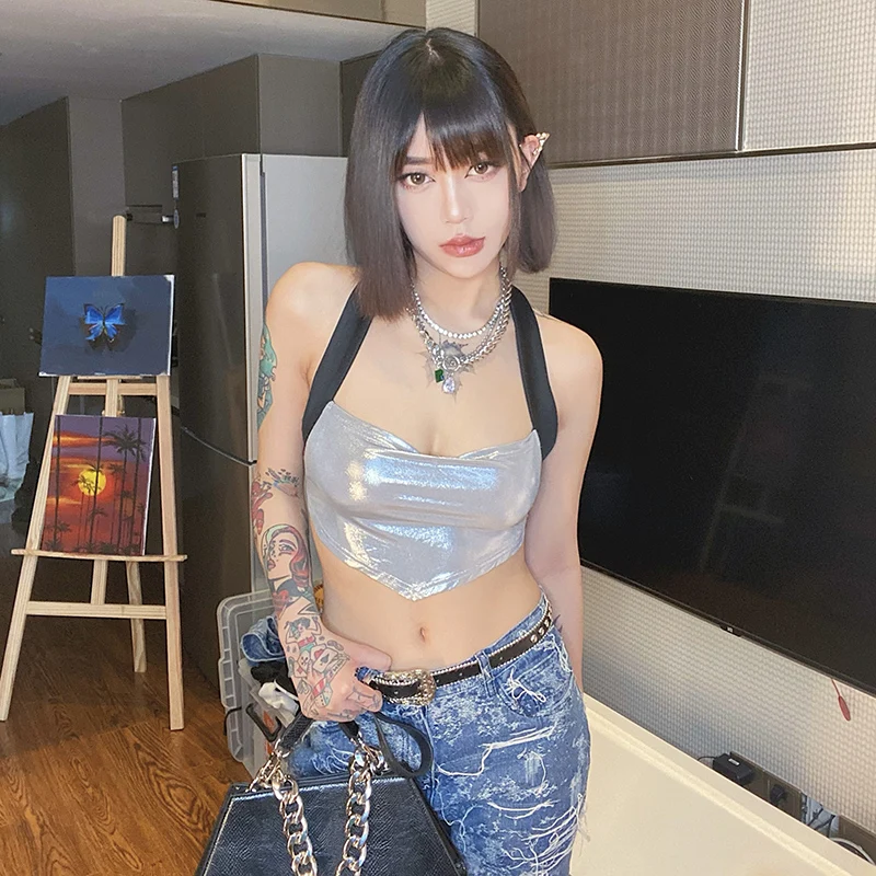 

Rockmore Sexy Glossy Halter Crop Top Y2K Backless Tie-Up Cami Summer Women Club Party Corset Female Streetwear Tank Top Fashion