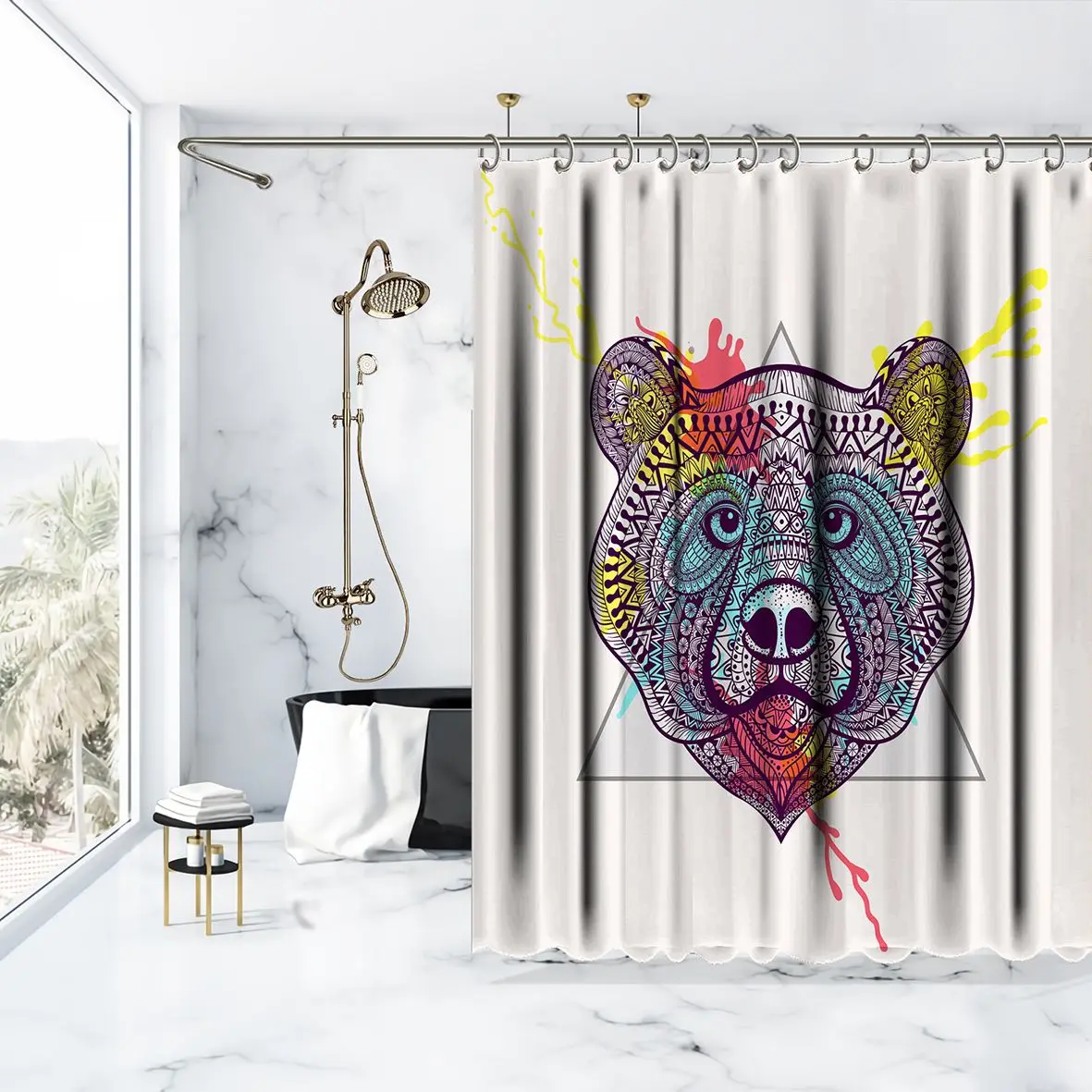 Занавеска для душа медведь лицо в треугольнике с рамкой акварельные чернила