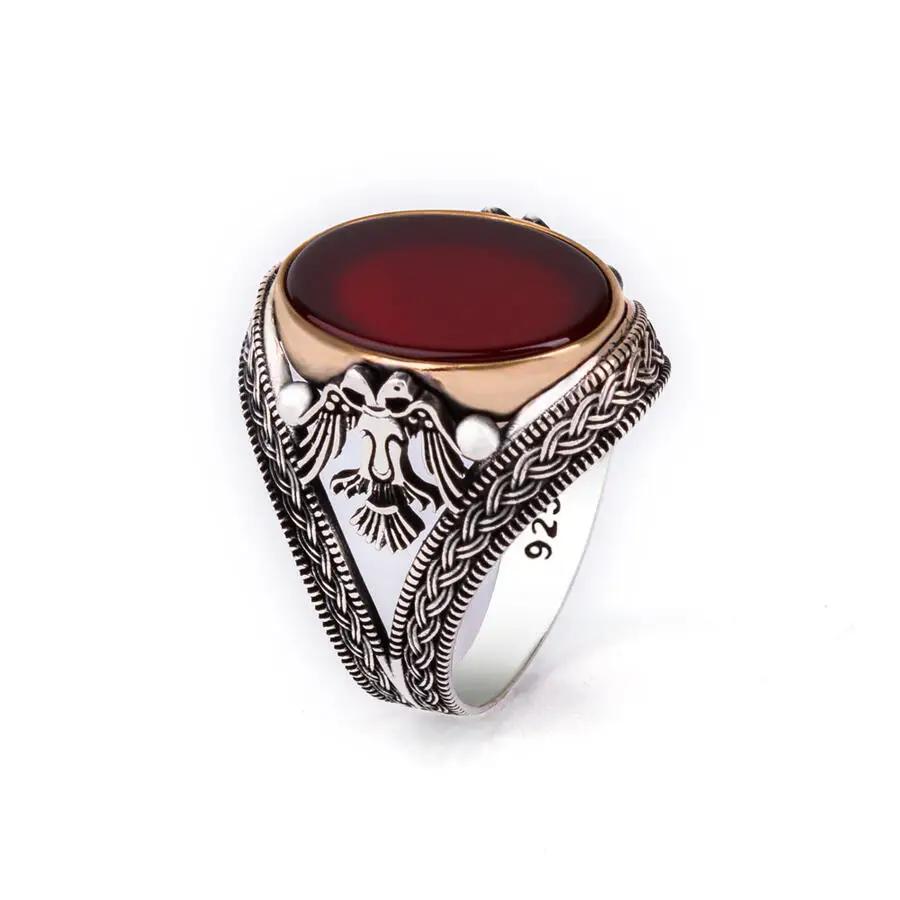 

Men Handmade Silver Ring With Red Oval Agate Stone And Animal Eagle Motif, Seljuk Empire Ring, Solid 925 Sterling Silver