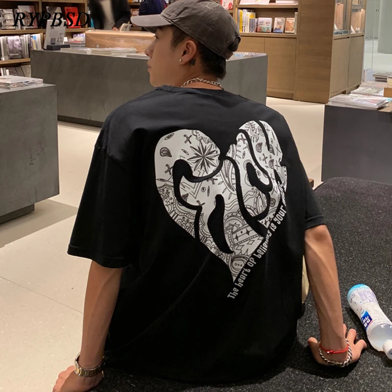 

Men Summer Fashion 2021 T shirt Korean Oversized Bandana Love Short Sleeved Print Hip Hop Streetwear Harajuku Cotton Tops Tee