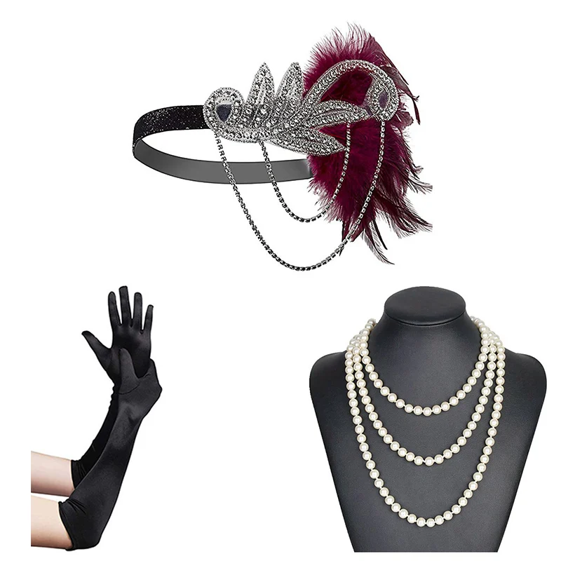 red set 20s головной убор винтаж 1920s головная повязка хлопушка грейт гэтсби(шампань - Цвет: red set