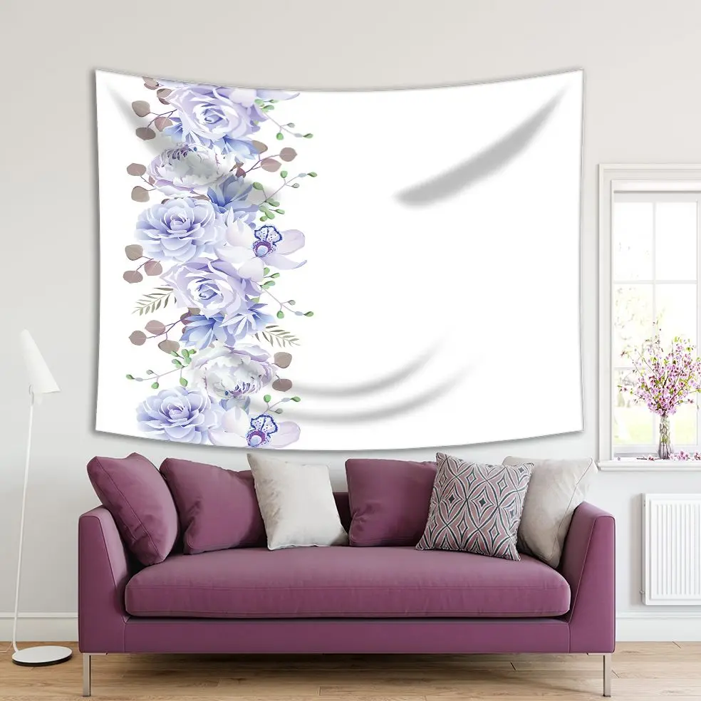 

Tapestry Vertical Garland with Camellia Rose Peony Orchid and Eucalyptus Leaves Romantic Soft Colors Blue Green Beige