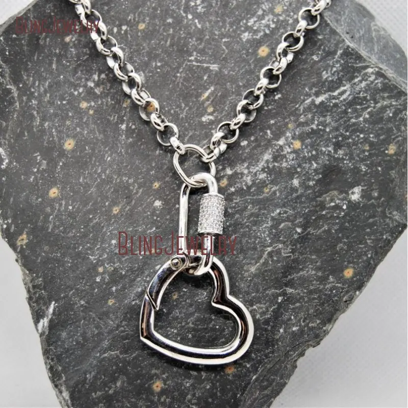 

NM33794 Stainless Steel Heart Pendant Rolo Chain Pave CZ Carabiner Pendant Chunky Rolo Chain Industrial Style Jewellery