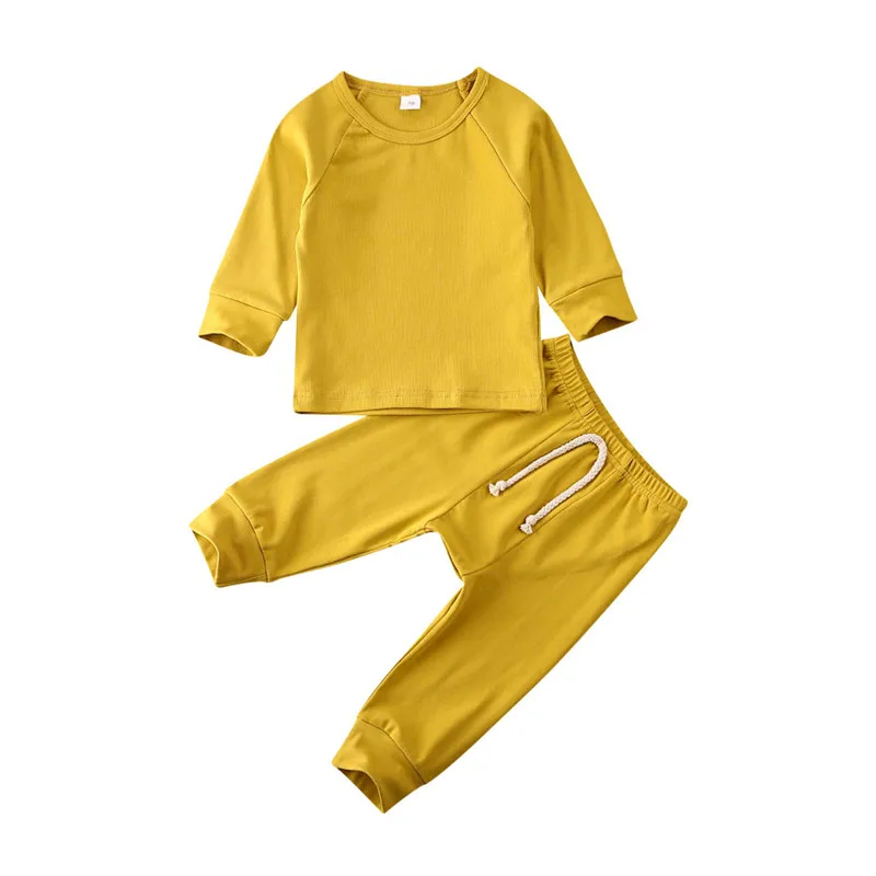 Dark Yellow Одежда для новорожденных мальчиков и девочек от 0 до 24 месяцев однотонная цветная Пижама пижамный комплект, хлопковая одежда для сна Милая одежда для сна домашняя одежда - Цвет: Dark Yellow