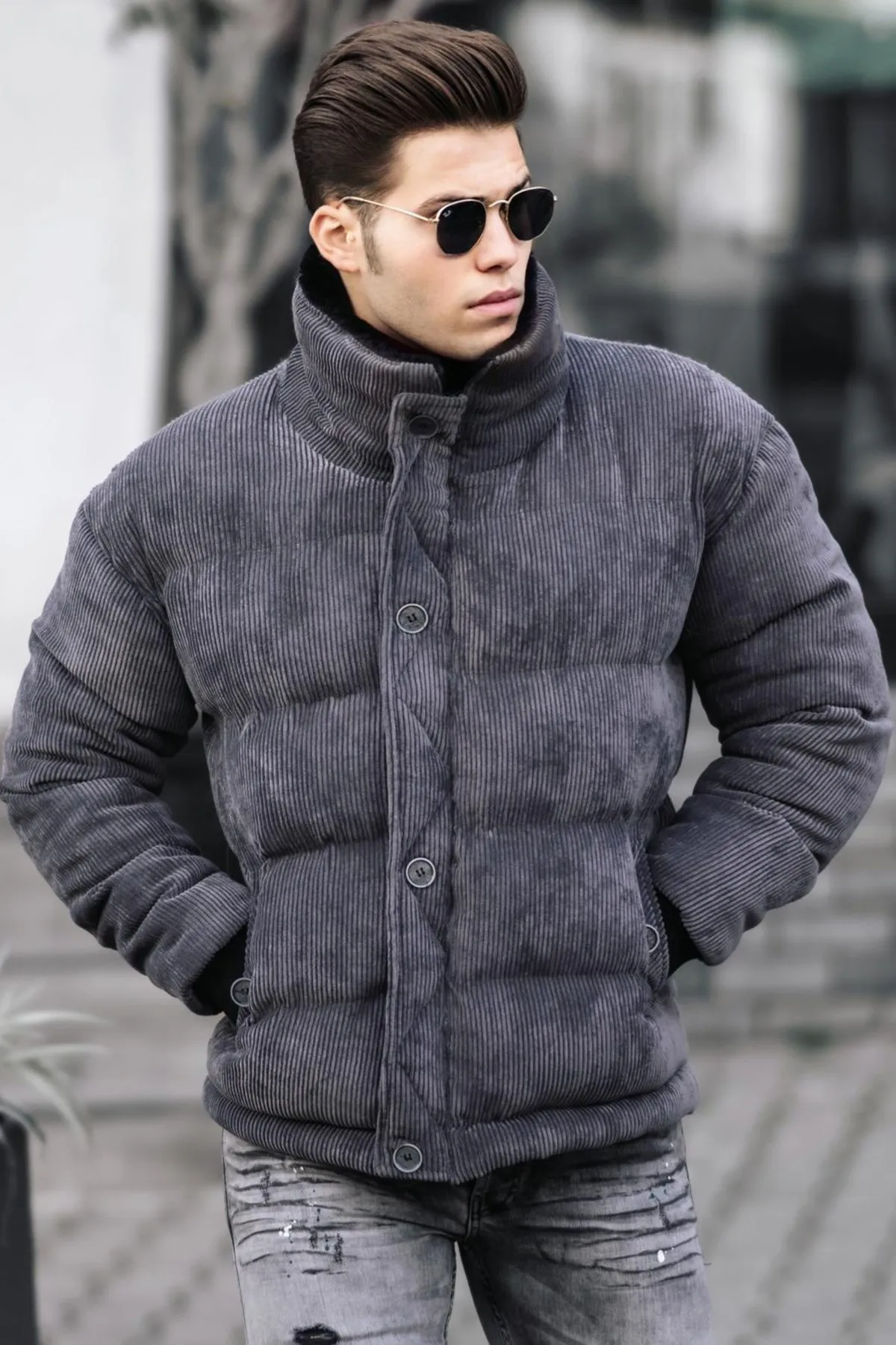 Men's Corduroy Inflatable Coat plus velvet thick Denim jacket men Casual lapel cotton Denim jacket men fur collar warm winter