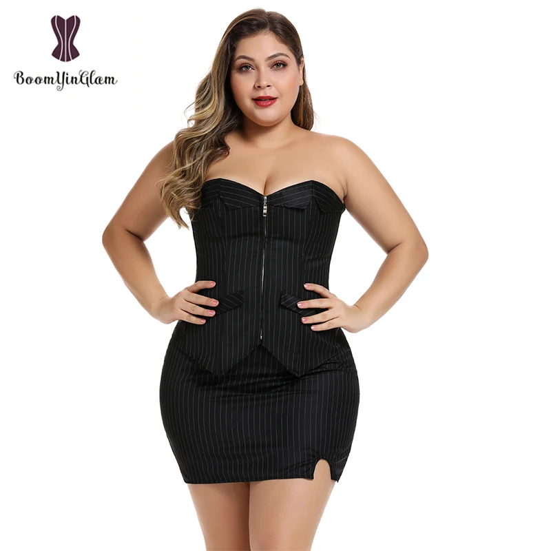 

Office Style Women Basques Bustier Stripes Overbust Corsets Top With Skirt Lace Up Boned Corset Dress Plus Size 801