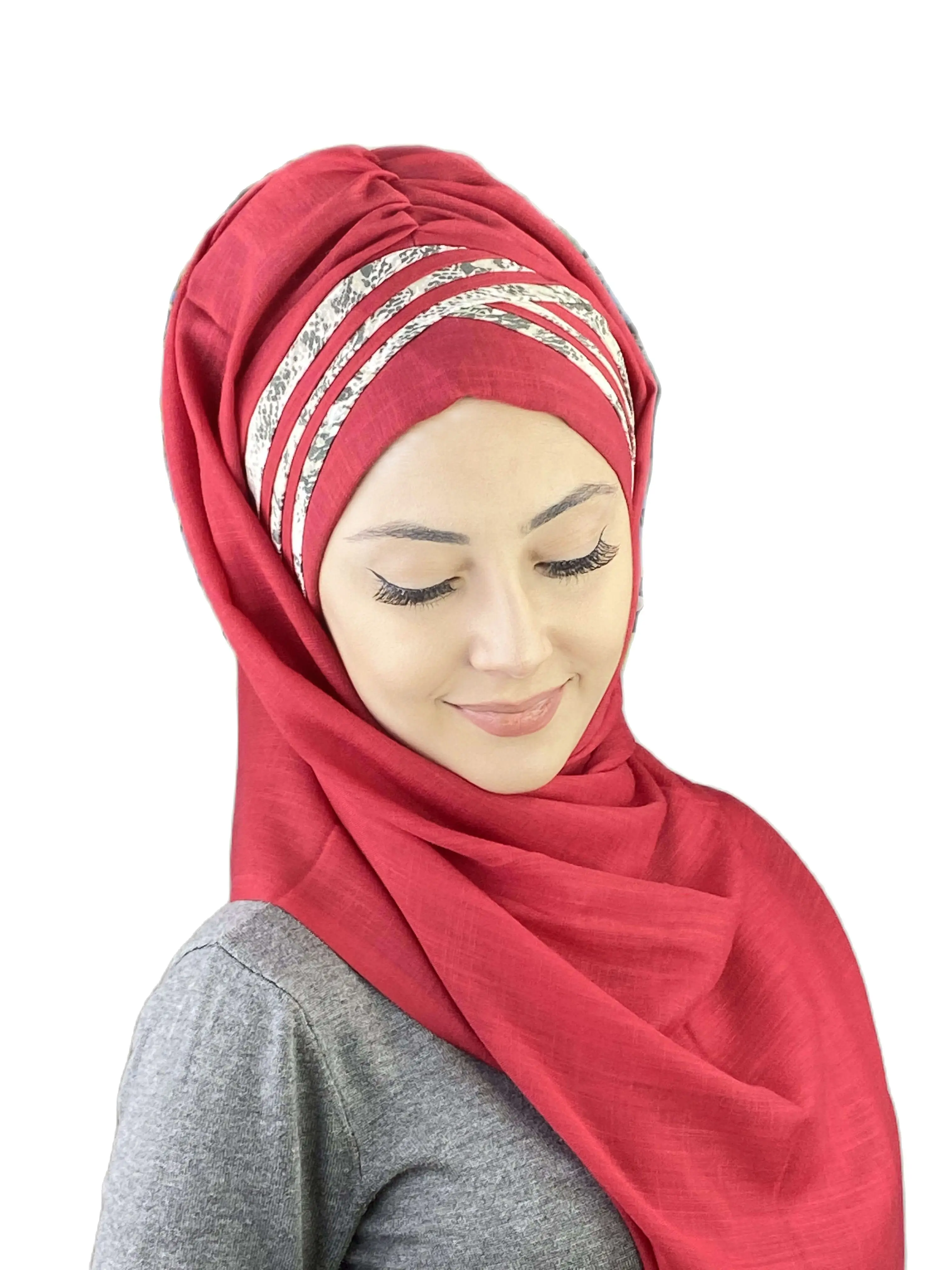 2022 New Fashion Hijab Islamic Women Winter Scarves Musulman Women's Products Hat Crocodile Pattern Ruby Cross Draped Shawl